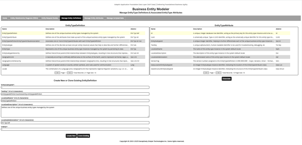 Screenshot of the AAF Data Modeler Definitions page