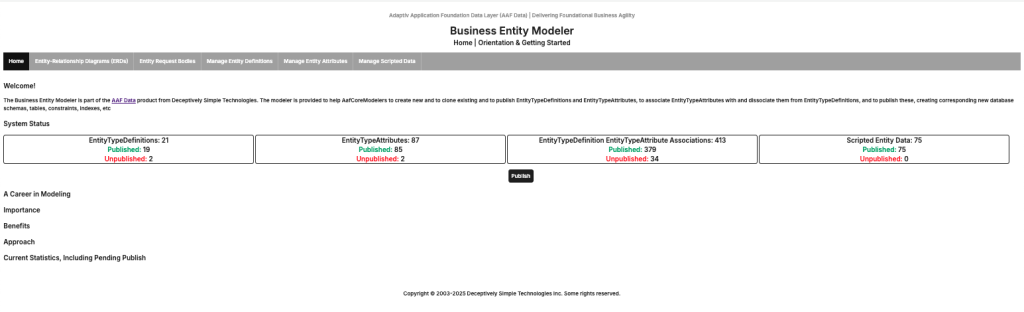 Screenshot of the AAF Data Business Entity Modeler Home page